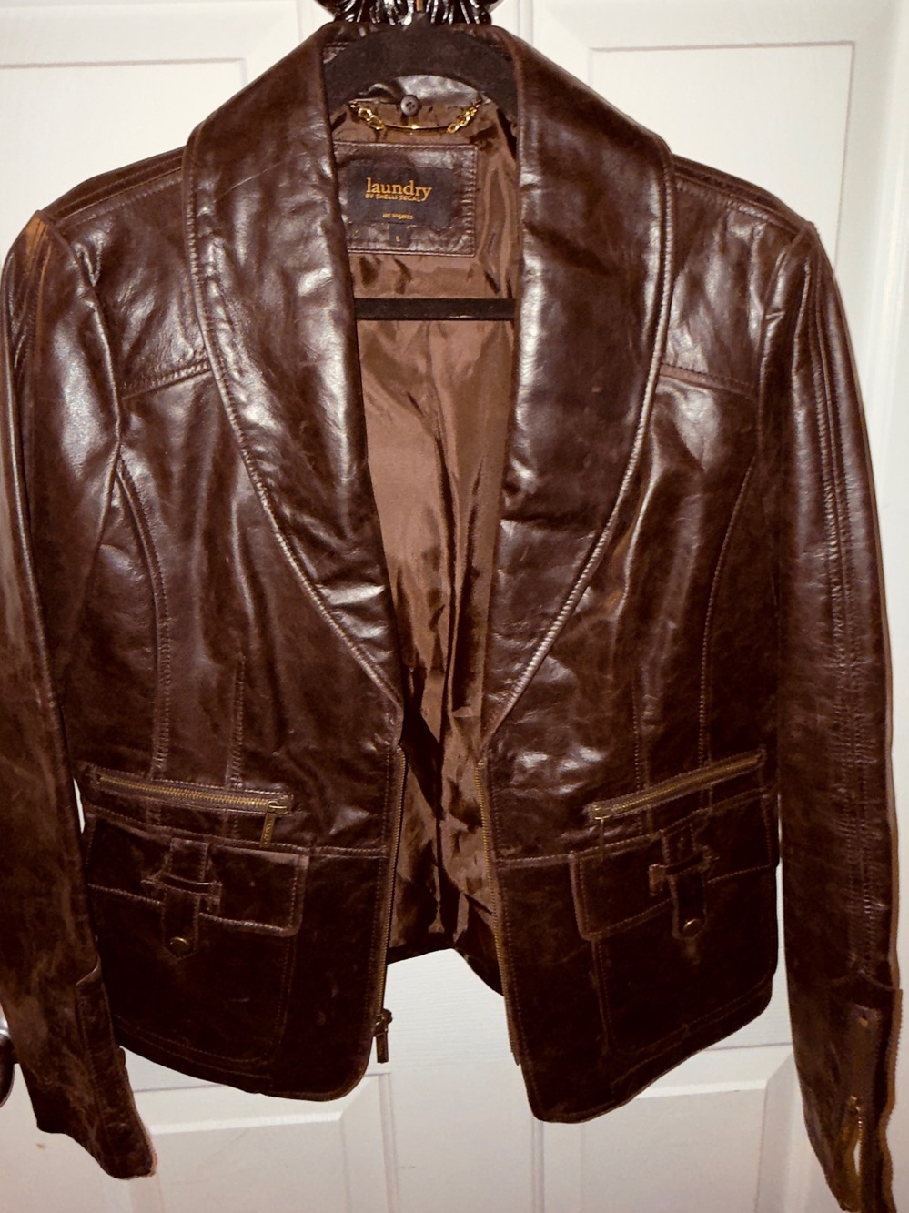 Laundry By Shelli Segal Deep Brown Distressed Genuine Leather Jacket Coat